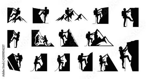 Black silhouettes of rock climbers in various poses.