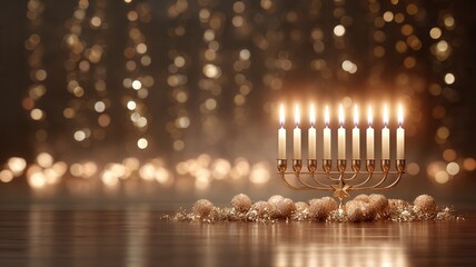 Golden menorah with nine flickering candles glowing against a festive blue background celebrating bokeh hanukkah