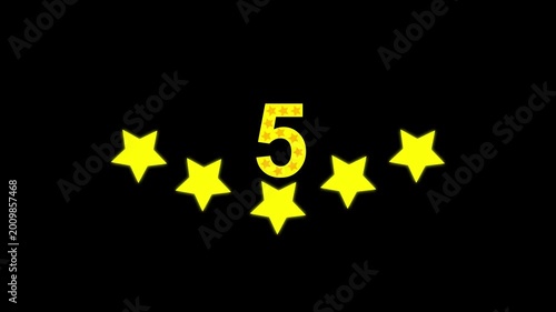 Golden number five with sparkling stars isolated on black background celebration success