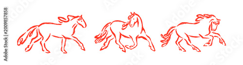 Doodle outline drawings of horses set. Chalk line sketches of equine animals ...