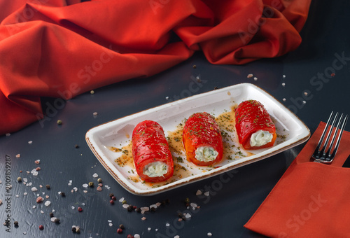 Traditional Georgian dishes: Pepper Kakliani with cheese. Peppers stuffed with cheese are a delicious and fragrant Georgian appetizer. Menu for a Georgian restaurant