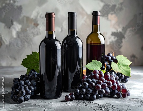 A still life composition featuring three wine bottles and bunches of dark grapes.