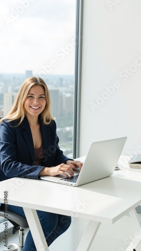 A cheerful woman in a professional setting using a laptop, reflecting modern work life.