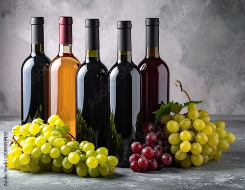 An elegant still life featuring a selection of wine bottles and fresh grape bunches.