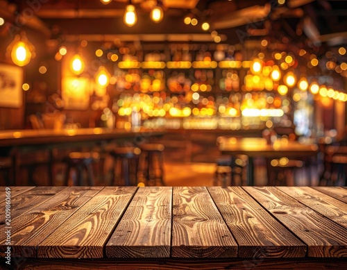 A warmly lit bar interior features a wooden tabletop in the foreground, inviting a sense of relaxation and conviviality.