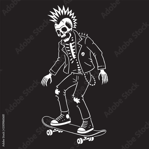 SKELETON PUNK DRESSED IN A LEATHER JACKET, JEANS, SNEAKERS ON A SKATEBOARD WHITE BLACK BACKGROUND