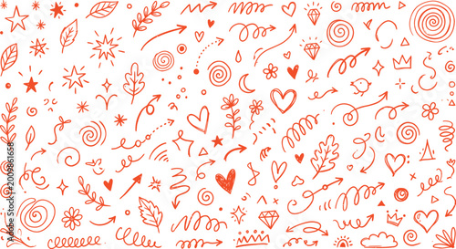 Foto A vibrant, chaotic, and detailed doodle featuring numerous small sketches, including hearts, animals, and abstract shapes, on a white background