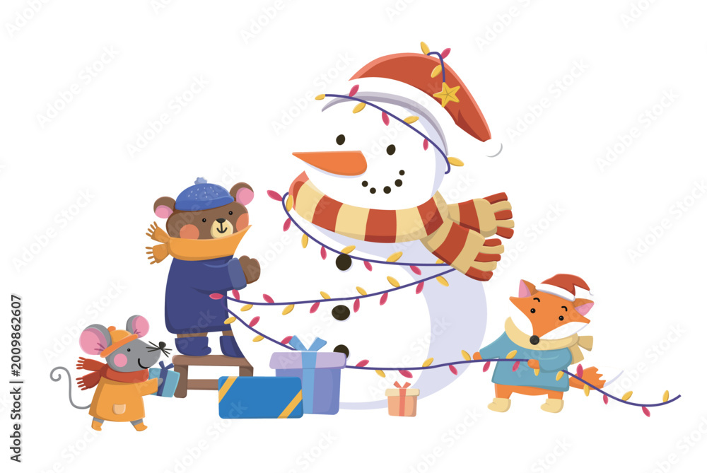 Naklejka premium christmas animals and snowman illustration