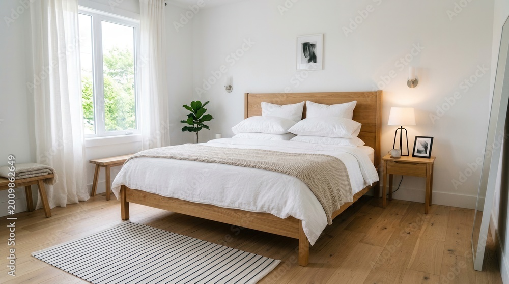 Fototapeta premium Modern minimalistic bedroom large bed center has wooden Comfortable and nightstands