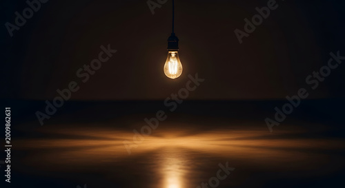 Glowing vintage Edison light bulb hanging in a dark room casting light rays on the surface