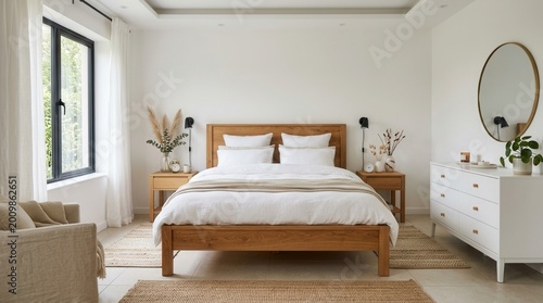 Modern minimalistic bedroom large wooden bed center has Comfortable bed, dry reeds
