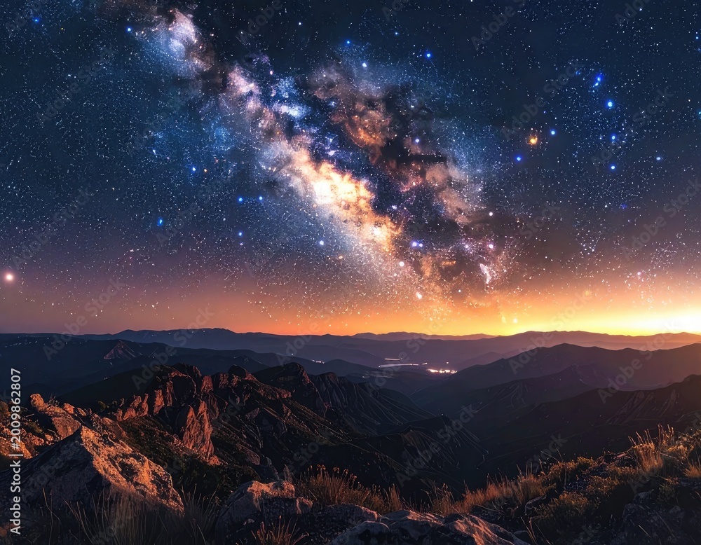 Obraz premium A breathtaking panoramic view captures the Milky Way galaxy arching over a rugged mountain range at twilight, showcasing a stunning display of celestial beauty.