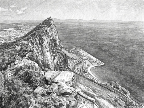 Pencil drawing of the Rock of Gibraltar (Penon de Gibraltar) view from La Linea de la Concepcion, Spain. Coastal landscape with mountain, sea, and city buildings.