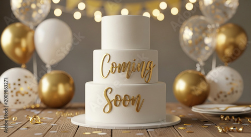 White wedding cake, Coming Soon celebration, gold balloons, party decorations
