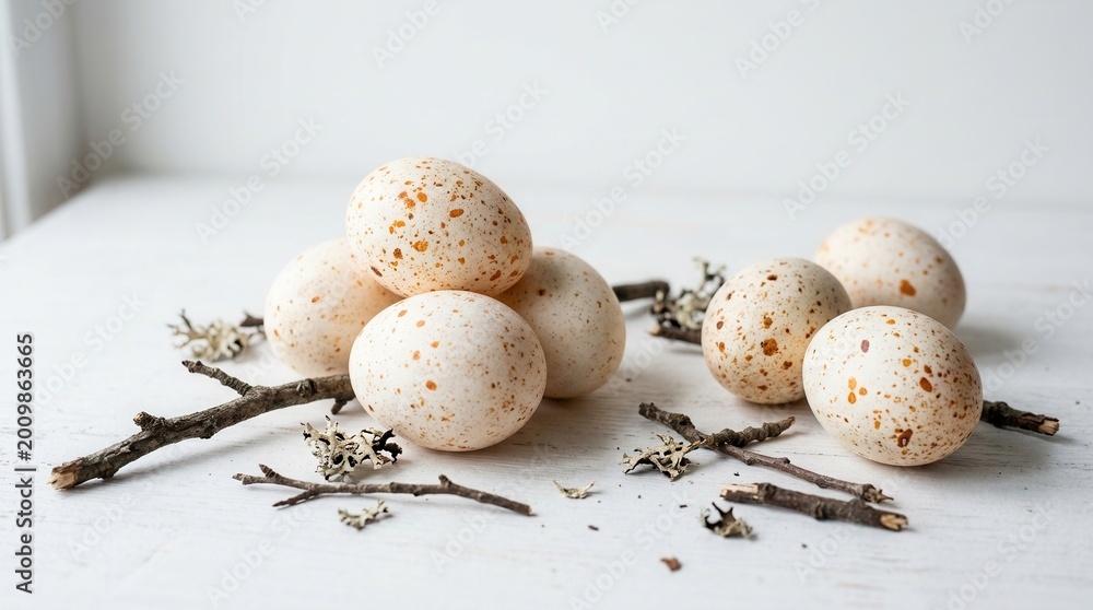 Obraz premium Group six white eggs orange speckles scattered surface Beautiful Easter