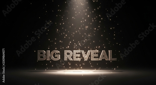 Dramatic Big Reveal, Gold Confetti, Spotlight, Black Background, Celebration