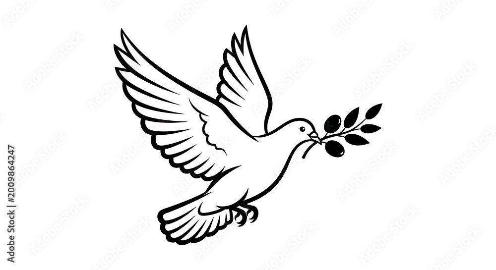 Fototapeta premium White dove flying with olive branch in beak