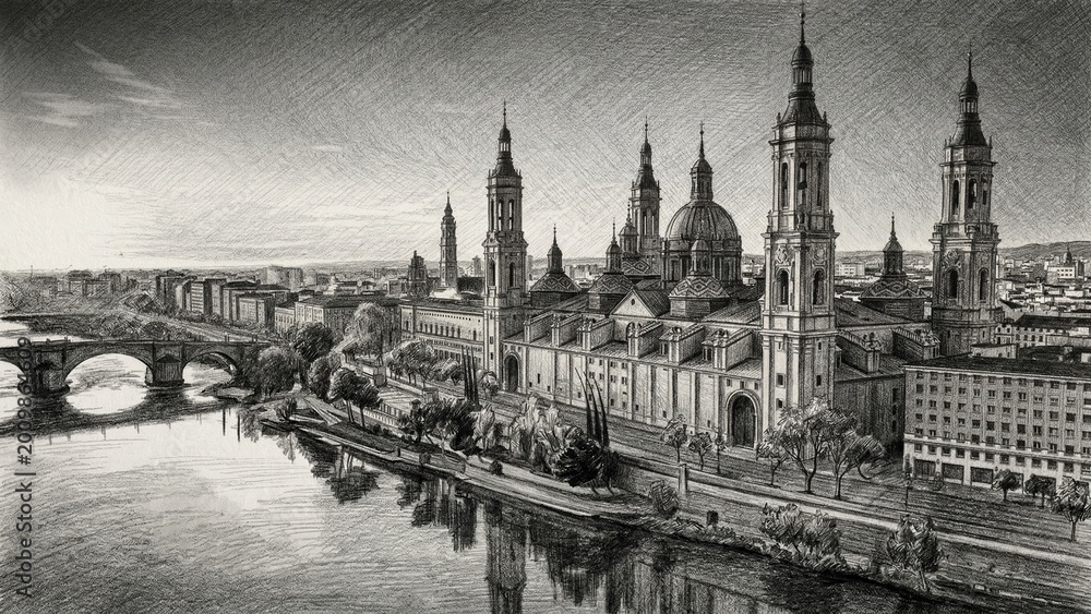 Obraz premium Pencil drawing of Basilica of Our Lady of the Pillar (Basilica de Nuestra Senora del Pilar) and Puente de Piedra bridge in Zaragoza, Aragon, Spain.