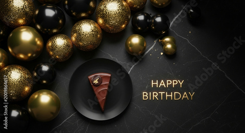 Birthday celebration, chocolate cake, gold and black balloons, party decoration, festive background