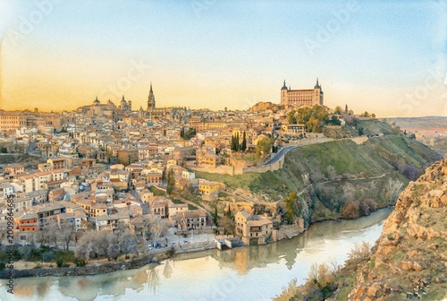 Watercolor painting of Toledo city in Spain. View includes the Alcazar of Toledo (Alcazar de Toledo), the Cathedral, and Tagus River (Rio Tajo) at sunset.