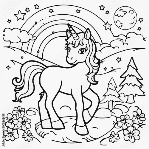 Unicorn in a colorful landscape with stars and flowers