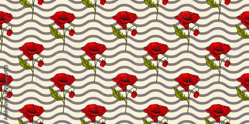 Seamless pattern with flowing wavy lines and red poppy flowers. Elegant floral vector background for textiles, wallpaper, wrapping paper, branding and summer designs. Perfect repeat for print and digi