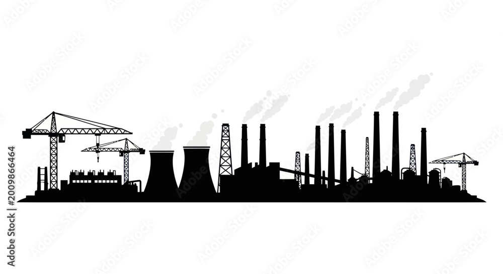 Fototapeta premium Industrial factory silhouette with cooling towers and cranes, pollution concept