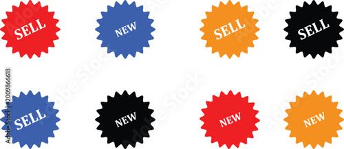 Colorful starburst sell and new badges with bold text labels isolated on white background, Vector, illustration