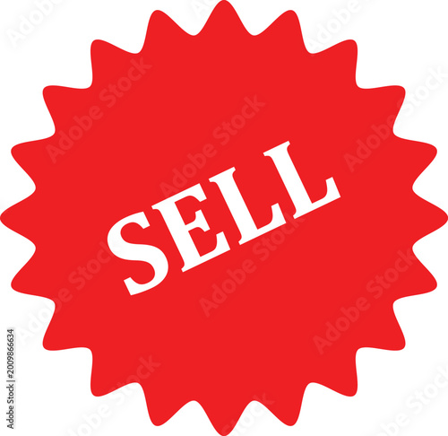 Bold red sell badge with white text in starburst shape isolated on white background, Vector, illustration