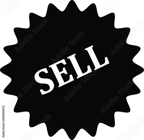 Black sell badge with spiky edges for online listings and promotions isolated on white background, Vector, illustration