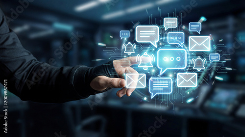 Hand Interacting with Digital Communication Icons on Futuristic Background