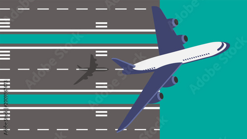 Isometric airliner takes off from an airport runway. 3D cartoon vector concept