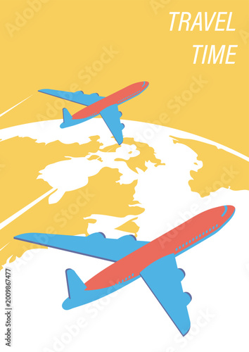 Isometric A4 vertical retro banner with passenger planes flying against the backdrop of planet Earth. 3D cartoon vector isolated on white background
