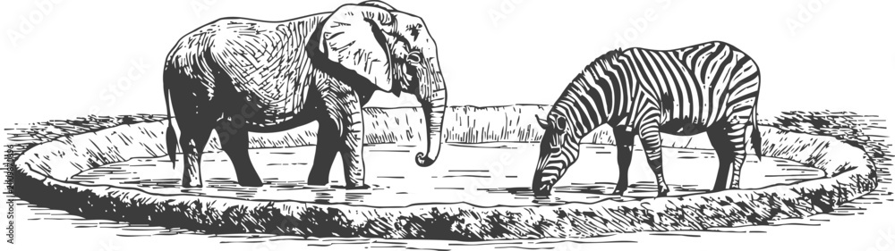 Fototapeta premium Black and white hand drawing of elephant and zebra drinking water from waterhole, wildlife animals