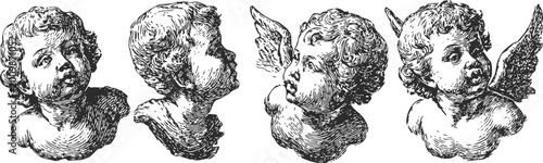 vintage cherub heads illustrations with wings, angelic figures in classical art