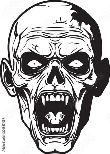 Vászonkép A terrifying zombie face grimaces, eyes filled with sinister intent, baring its fangs in a monochrome, illustrative style