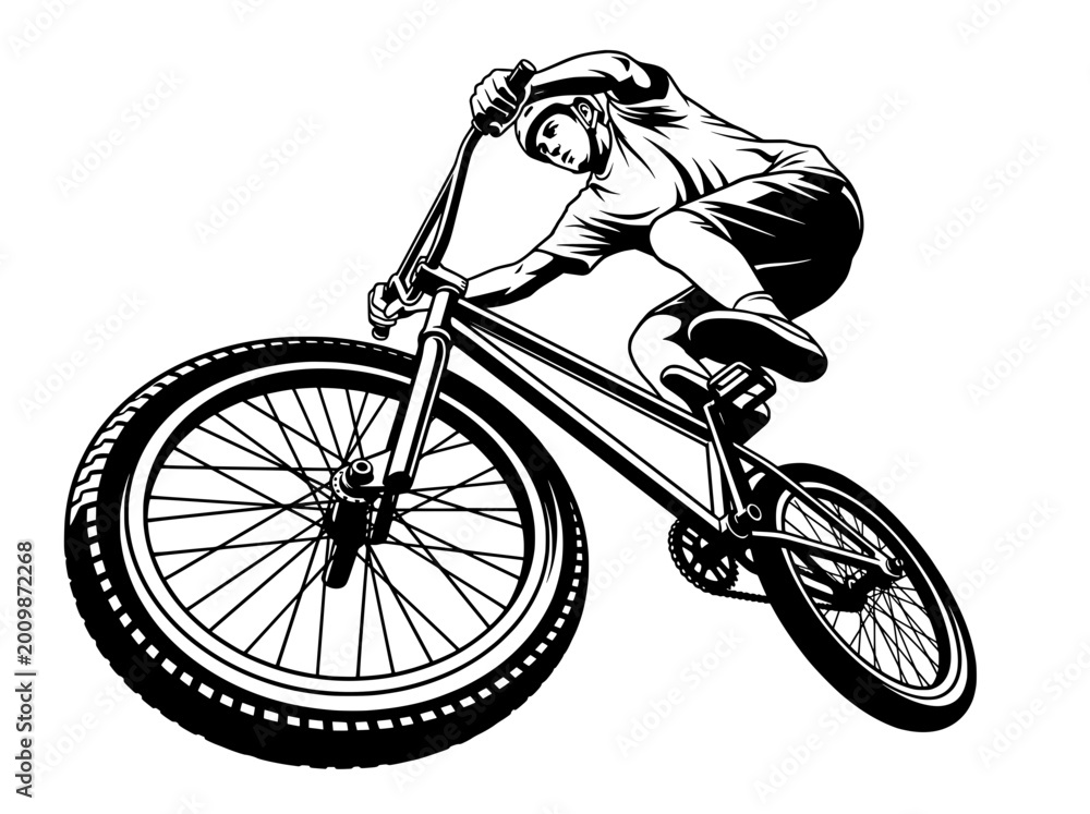 Naklejka premium A dynamic black and white illustration depicts a BMX rider in mid action performing a stunt. The rider is shown leaning into a turn, with their body angled and legs bent, suggesting intense motion