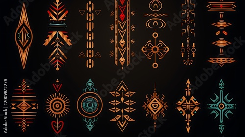 Intricate tribal decorative patterns and ethnic symbols featuring a collection of gold and red geometric vector elements