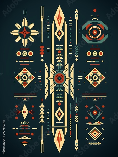 Intricate Indigenous Graphic Art Featuring Symmetrical Ethnic Elements and Traditional Decorative Motifs