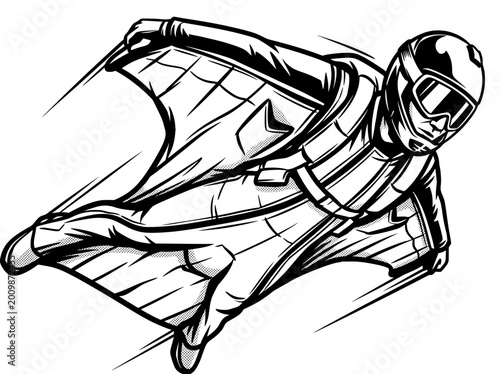 A dynamic illustration depicts a person engaged in extreme sports, specifically wingsuit flying. The figure is captured mid flight, descending with their arms extended to the sides, creating a sense