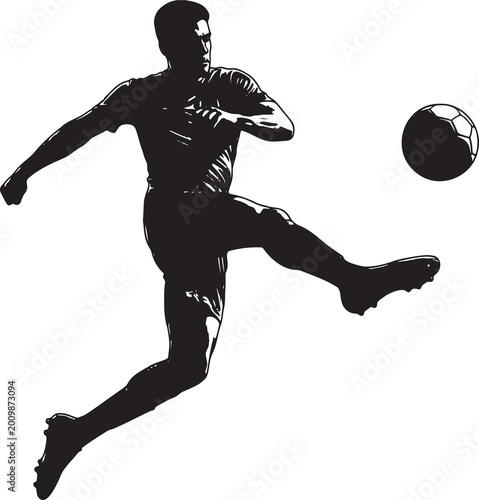 Fotografie Dynamic soccer player silhouette kicking ball with powerful motion captured in action ideal for sports advertisements and athletic event promotions