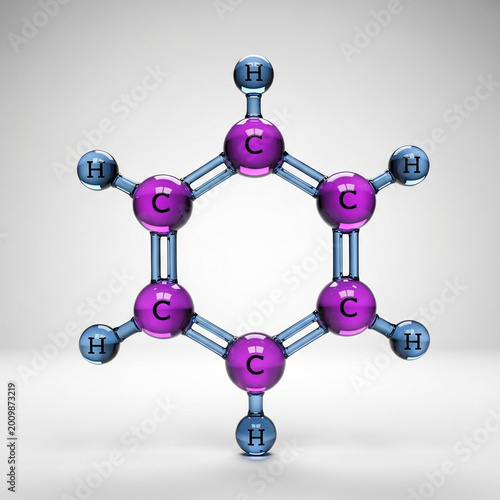3d molecular structure of benzene ring with hydrogen atoms for science education