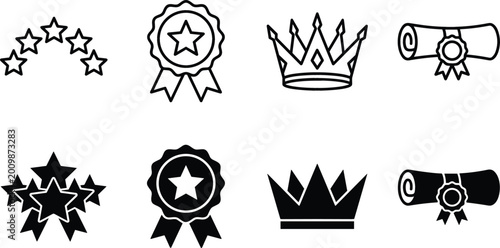 Foto Award, Crown, and Star Icon Set with Medals, Ribbons, and Diplomas for Achieveme