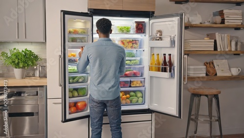 Man Standing in Modern Kitchen, Looking at Open Refrigerator with Fresh Produce and Beverages Inside.