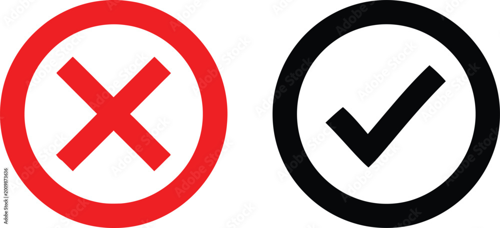 Obraz premium Red x mark and black check mark icons in round frames Vector