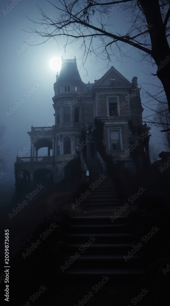 Obraz premium Old abandoned Victorian mansion sits on a foggy hill under pale moonlight. A spooky gothic house with dark trees and dense mist creates a chilling atmosphere.