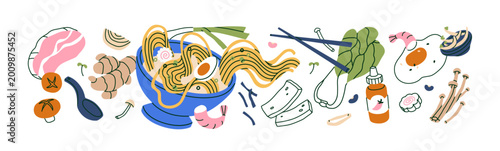 Asian soup and flying ingredients for cooking, composition. Ramen dish, Japan...