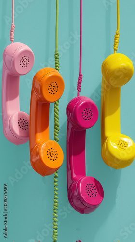 Colorful retro telephone handsets hanging on cords on pastel blue background. Customer support, call center and communication concept