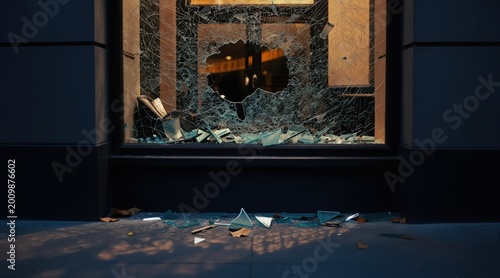 Broken shop window glass shards trash sidewalk. Dark exterior building with smashed storefront suggests crime scene. Urban vandalism aftermath outside business.