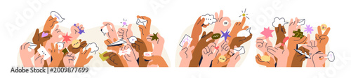 Sharing feedback, opinion concept set. Raised hands crowd, society voices, reviews. Public forum, social discussion in people group, community. Flat vector illustration isolated on white background